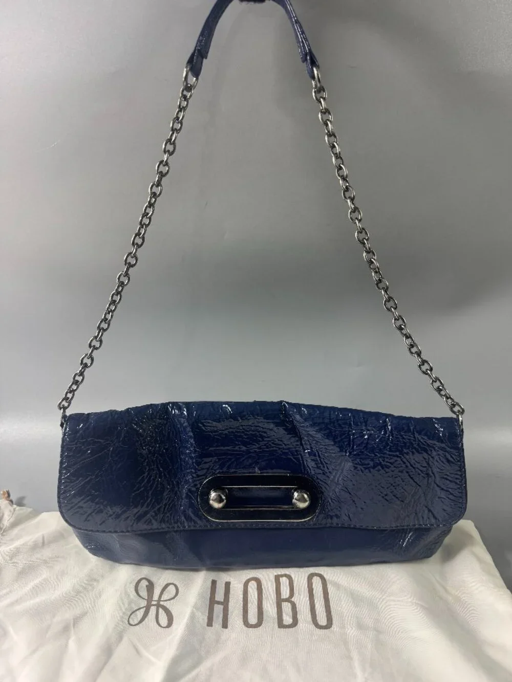 HOBO INTERNATIONAL Blue Patent Leather Envelope Hand Bag Purse Chain